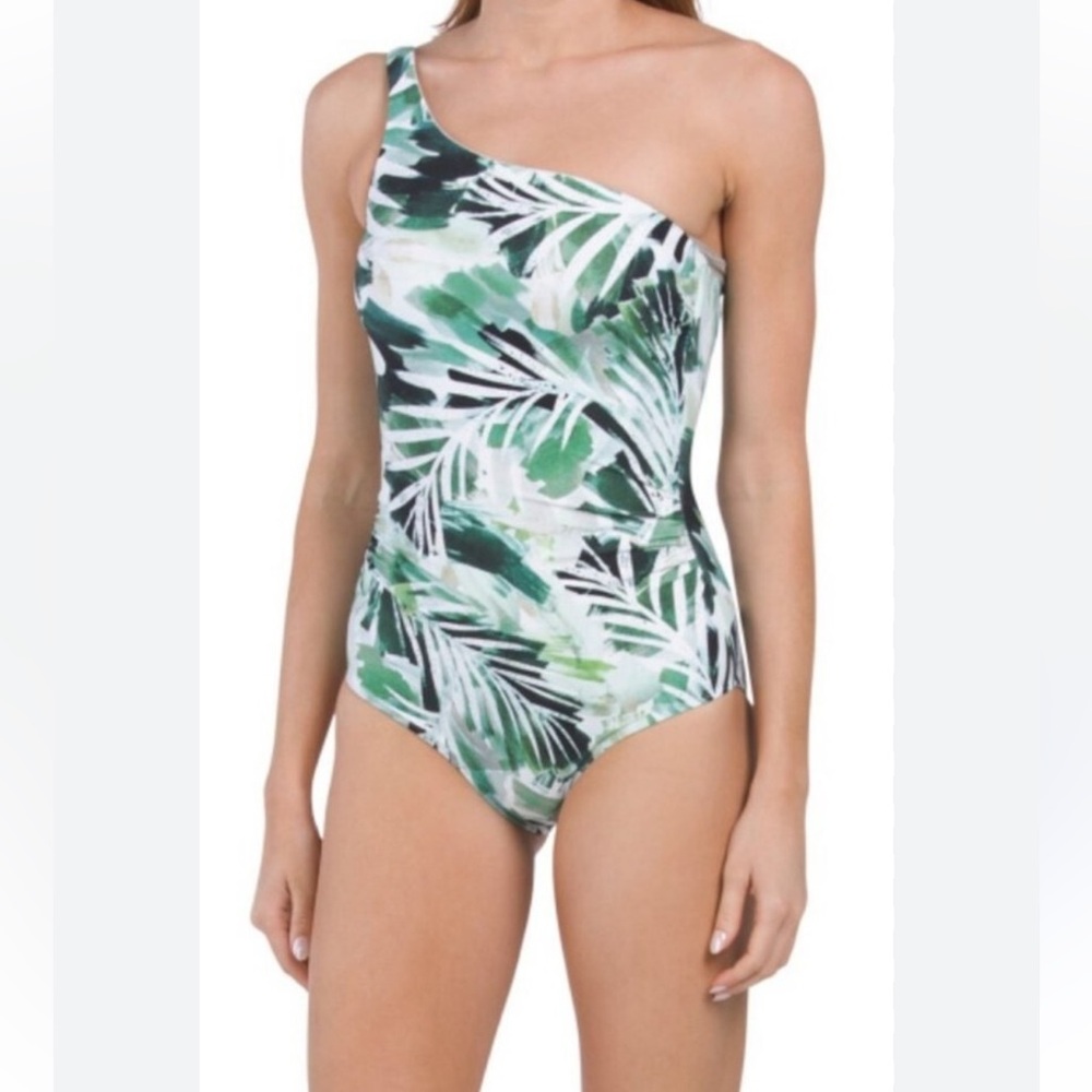 Nip Tuck Rhonda Congo‎ Green Leaf Print Ruched One-Shoulder Swim Suit 6 NEW